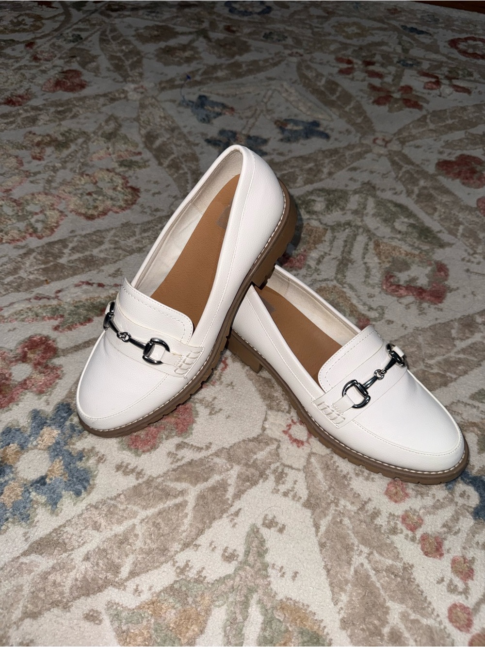 Dolce Vita White Leather Lug Sole Loafers with Silver Bit